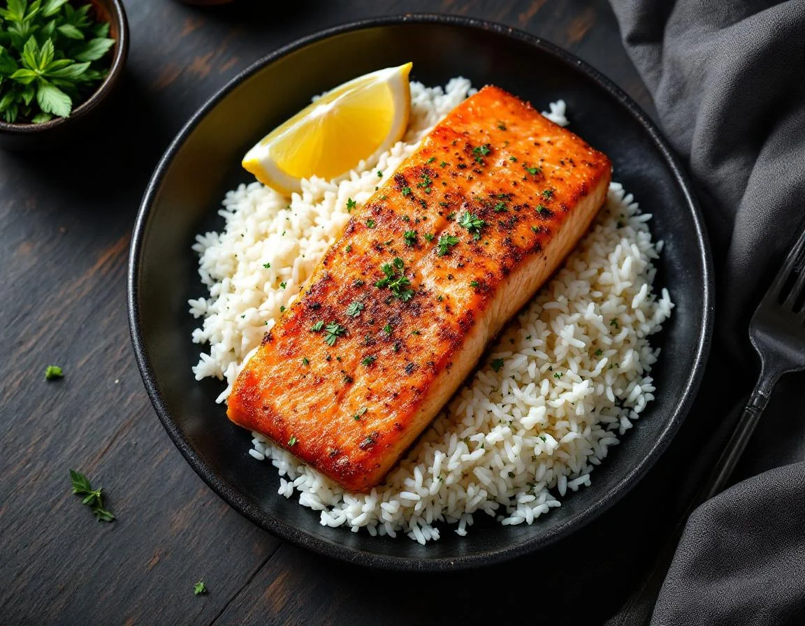 Air Fryer Salmon Fillet with White Rice