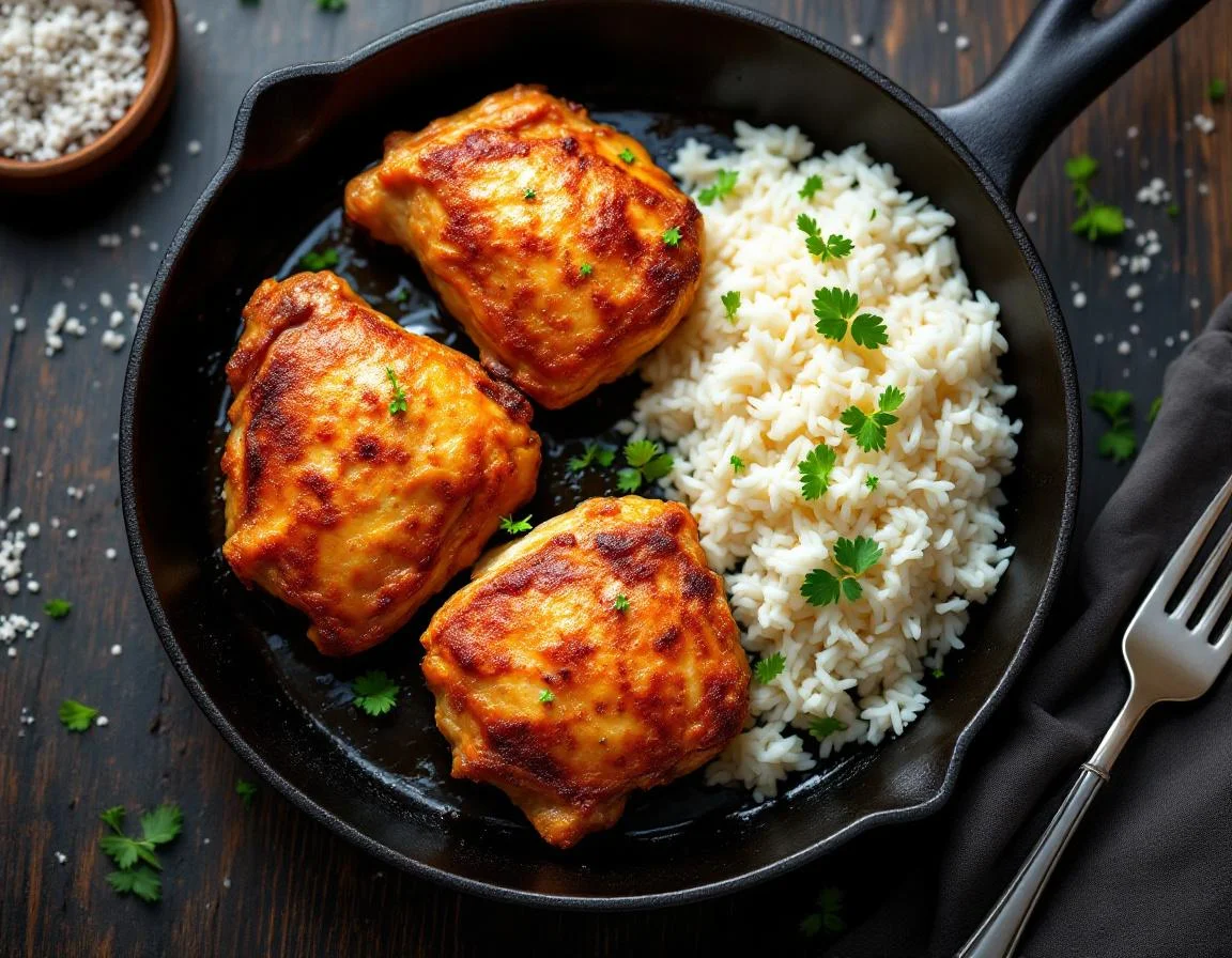 Cast Iron Chicken Thighs with White Rice